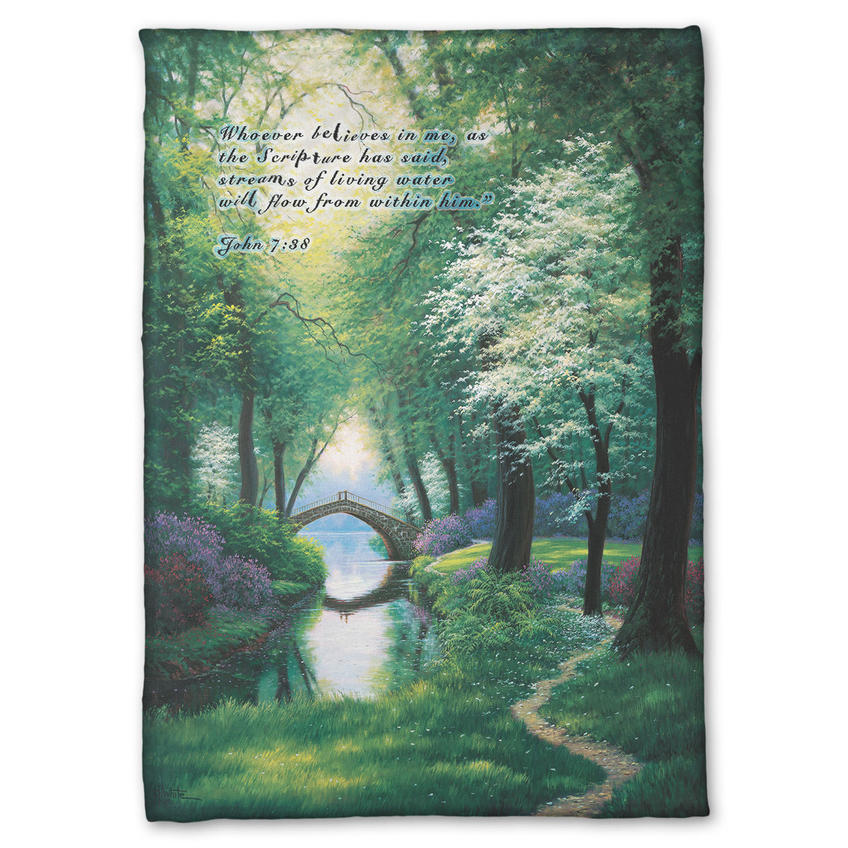 Coral fleece blanket designed with a painting of a stream through a lush green forest trail, with a bridge crossing in the distance.