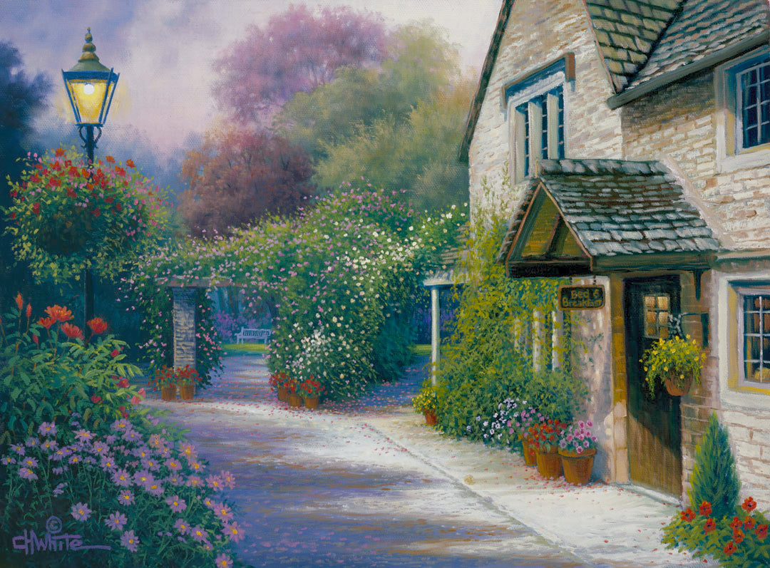 A painting of a bed and breakfast storefront, with a streetlamp-lined path leading to the garden full of blooming flowers.