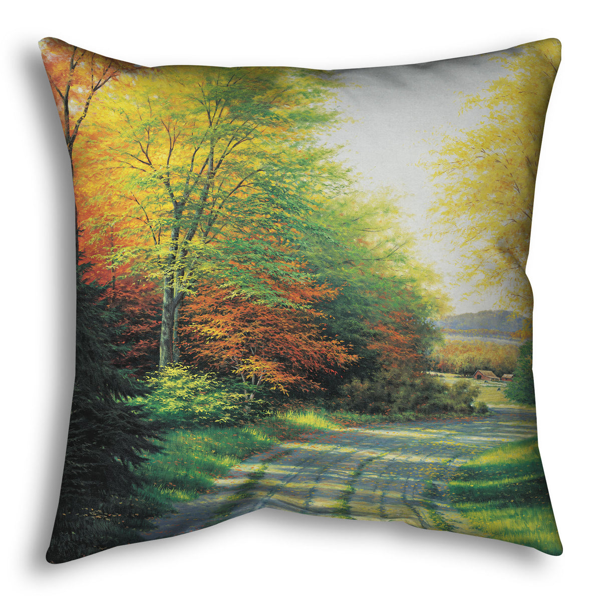 A throw pillow designed with a painting looking down a country road, lined with both deciduous and coniferous trees. Several of the trees' leaves have turned orange and yellow due to fall.