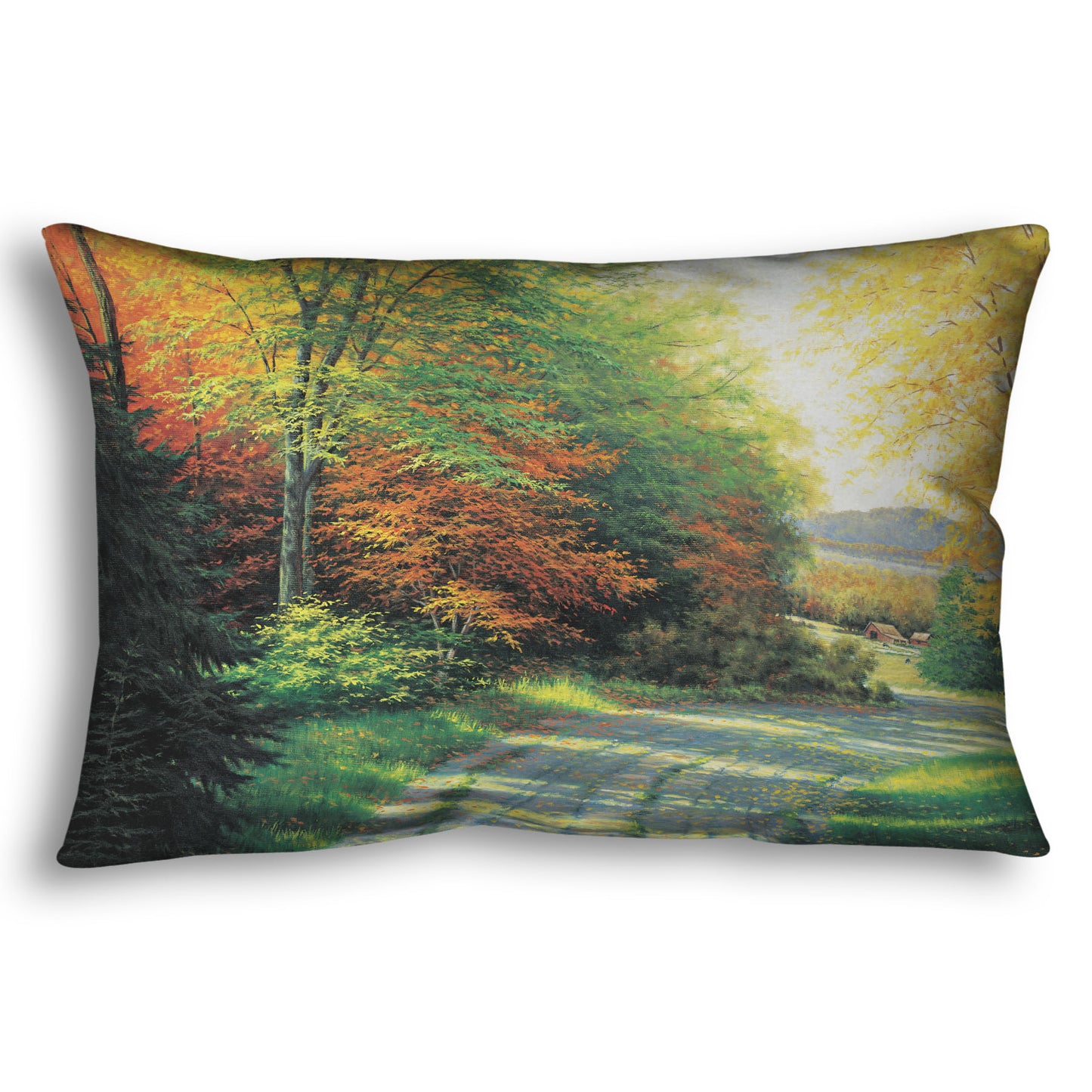 A throw pillow designed with a painting looking down a country road, lined with both deciduous and coniferous trees. Several of the trees' leaves have turned orange and yellow due to fall.