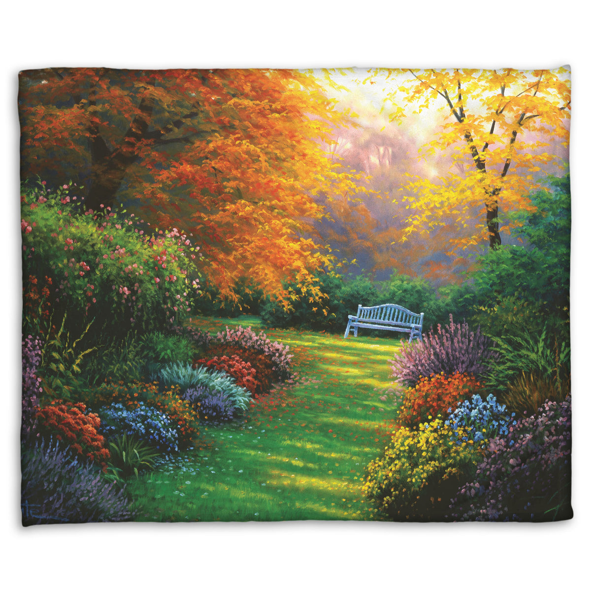 A fleece throw blanket designed with a painting of a garden path during fall. The trees surrounding the garden have turned orange and yellow. A grassy path through the garden is surrounded by bushes of flowers in every color, and a bench can be seen up ahead.