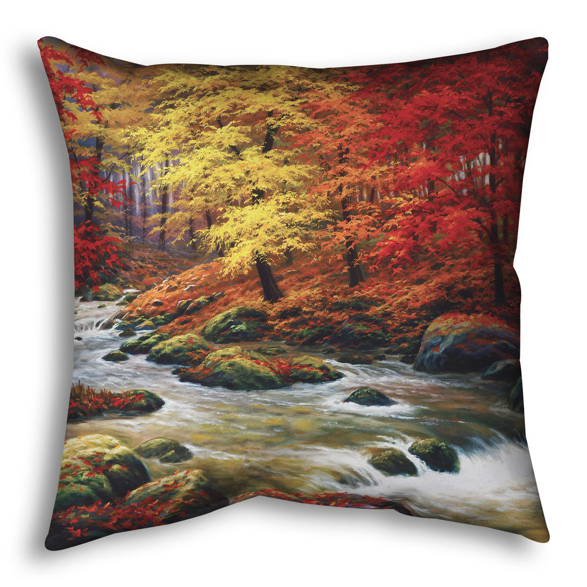 A throw pillow designed with a painting of a river through an autumn forest, with red and yellow trees and an orange, leaf-coated ground.