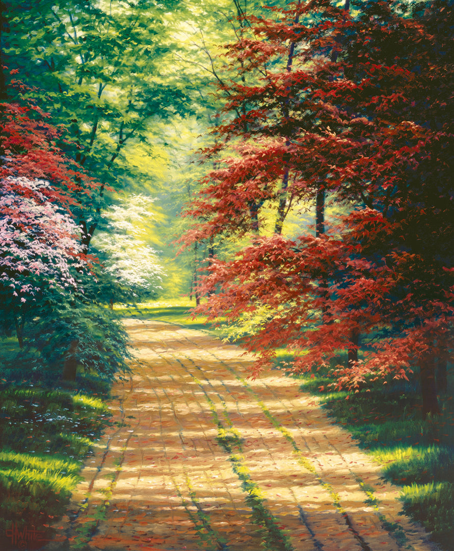 A painting of a dirt path through a spring woodland. Vibrant green trees grow alongside red japanese maples and pink and white blossoms.