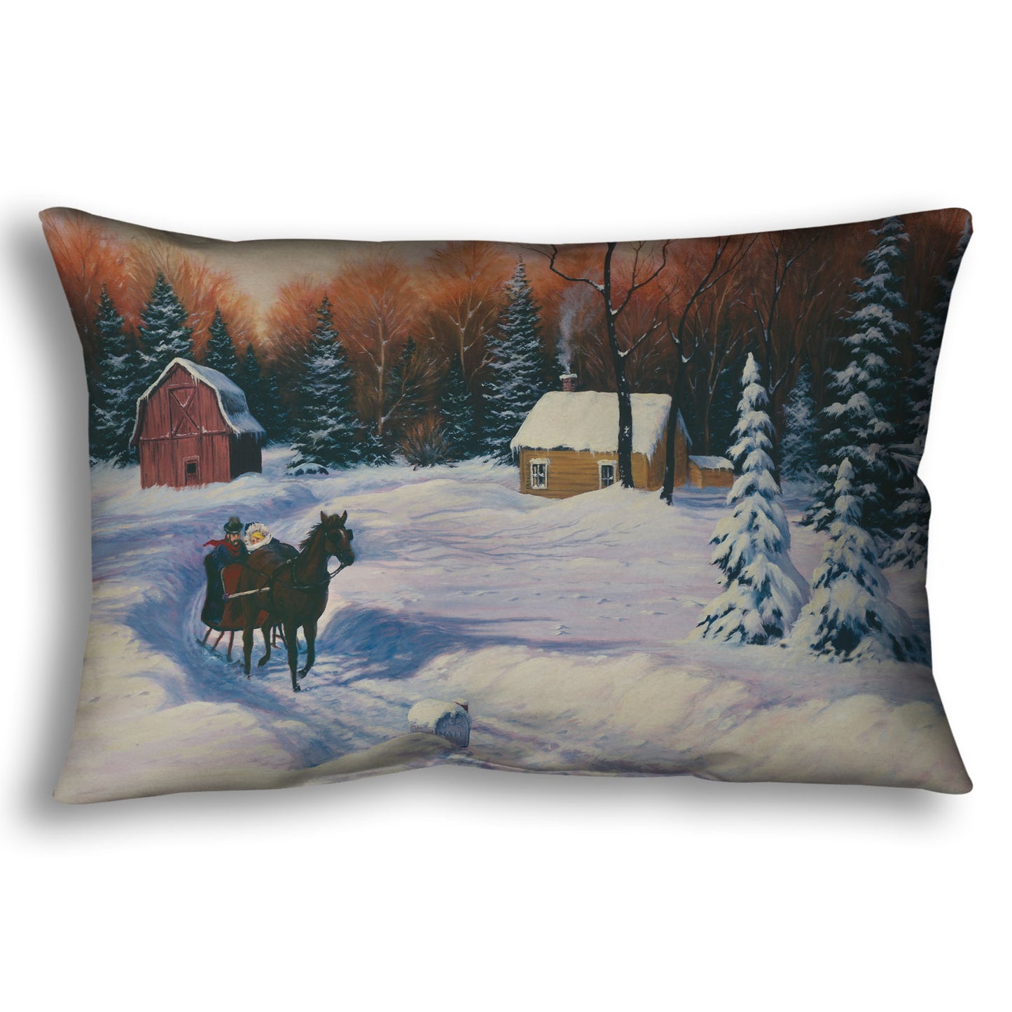 A throw pillow designed with a winter scene with a horse-drawn carriage, snow-covered landscape, and red barn.