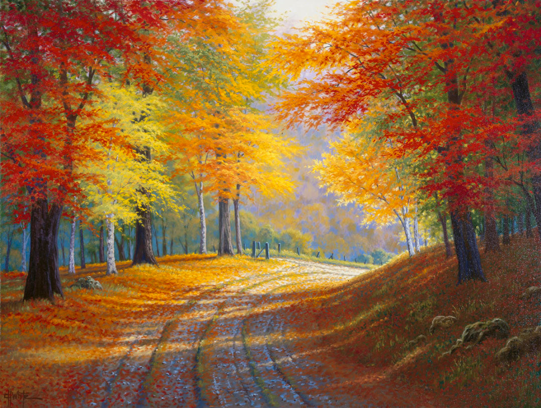 A painting of a gravel road through a forest in autumn. Orange red, and yellow leaves coat the ground and cover the trees, highlighted by bright sunlight.