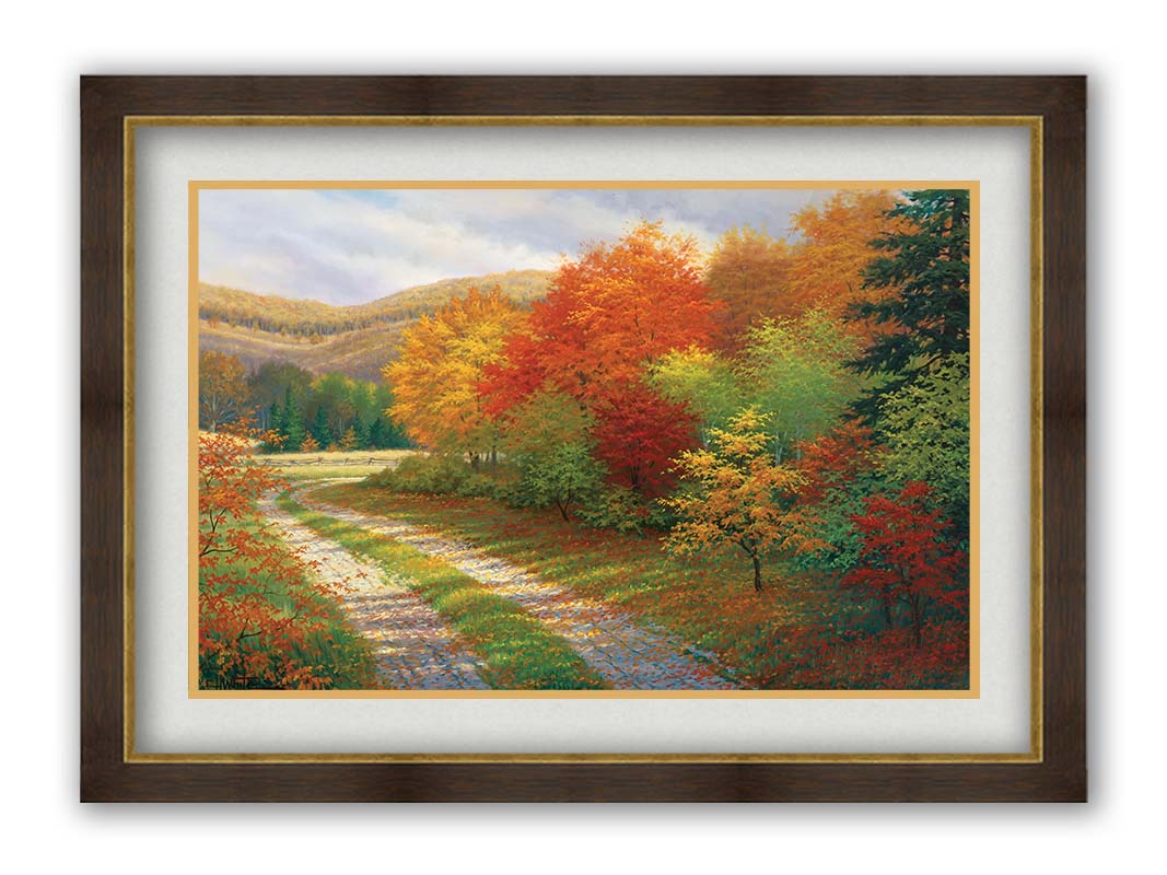 A painting of a forest in autumn, cut through by a gravel road curving into the distant fields and hills. Printed on paper, matted, and framed.