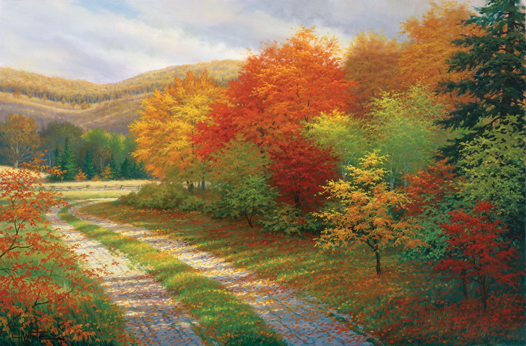 A painting of a forest in autumn, cut through by a gravel road curving into the distant fields and hills.