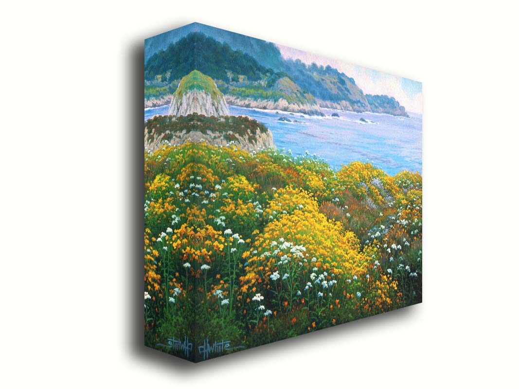 A painting of wildflowers growing in vibrant hues of yellow, white, orange, and blue, overlooking the sea from a cliff. Printed on canvas.