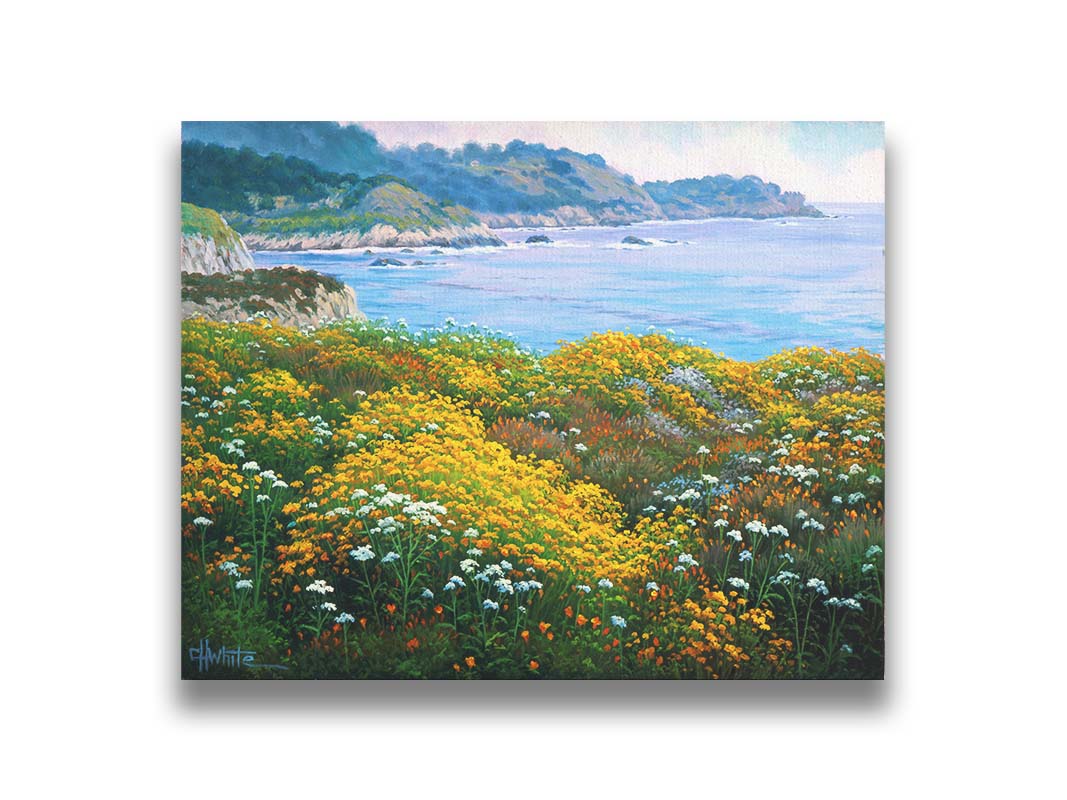 A painting of wildflowers growing in vibrant hues of yellow, white, orange, and blue, overlooking the sea from a cliff. Printed on canvas.