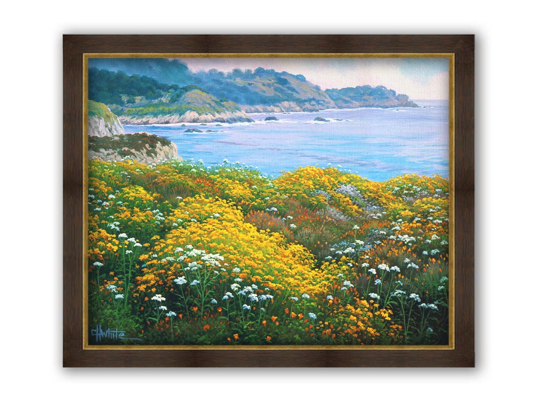 A painting of wildflowers growing in vibrant hues of yellow, white, orange, and blue, overlooking the sea from a cliff. Printed on canvas and framed.