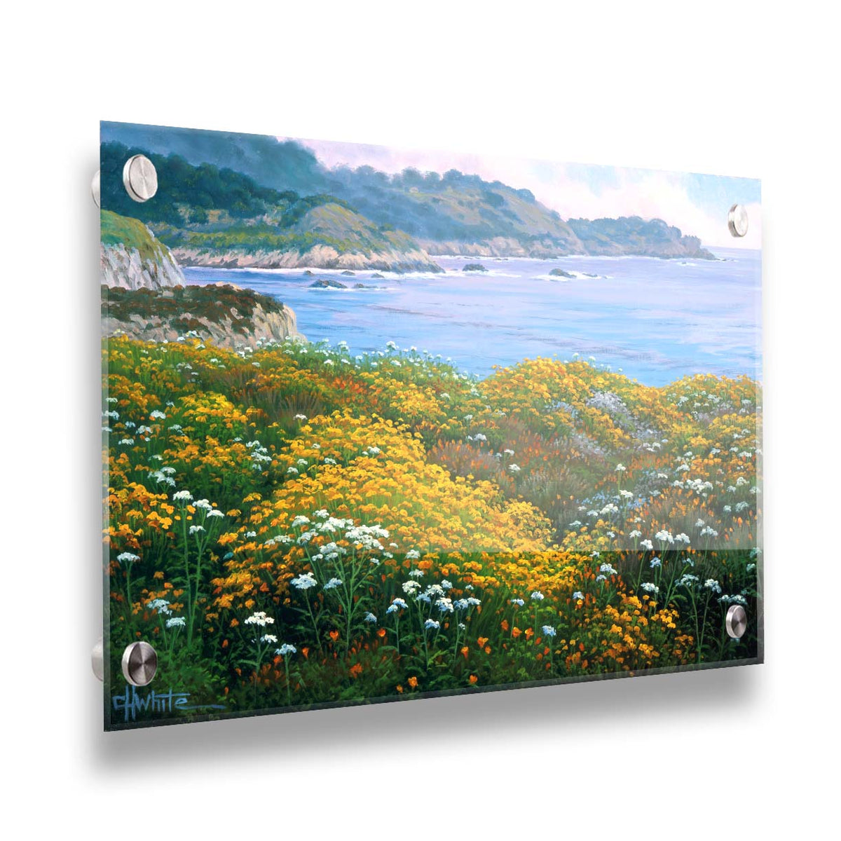 A painting of wildflowers growing in vibrant hues of yellow, white, orange, and blue, overlooking the sea from a cliff. Printed on acrylic.