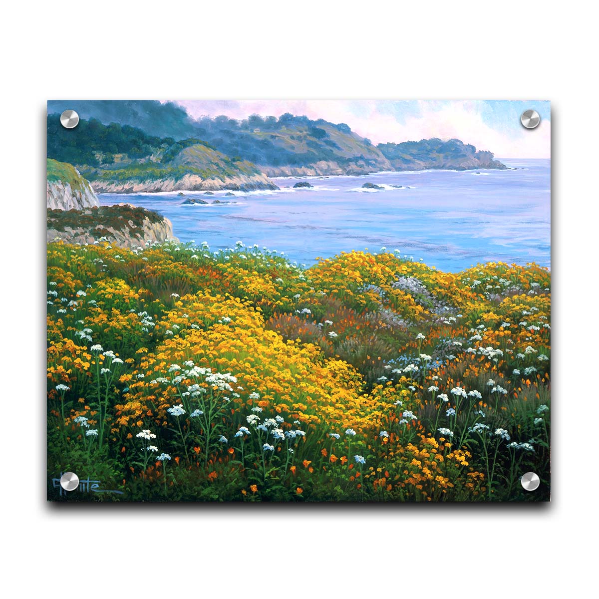 A painting of wildflowers growing in vibrant hues of yellow, white, orange, and blue, overlooking the sea from a cliff. Printed on acrylic.