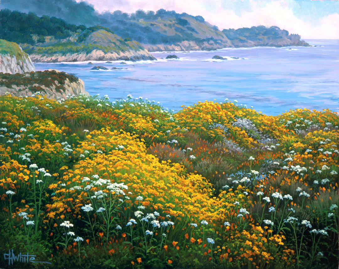 A painting of wildflowers growing in vibrant hues of yellow, white, orange, and blue, overlooking the sea from a cliff.