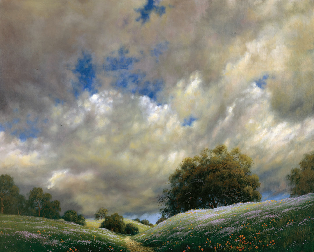 A painting of the sky over gentle hills covered in flowery meadows. Huge clouds fill the sky over the scene.