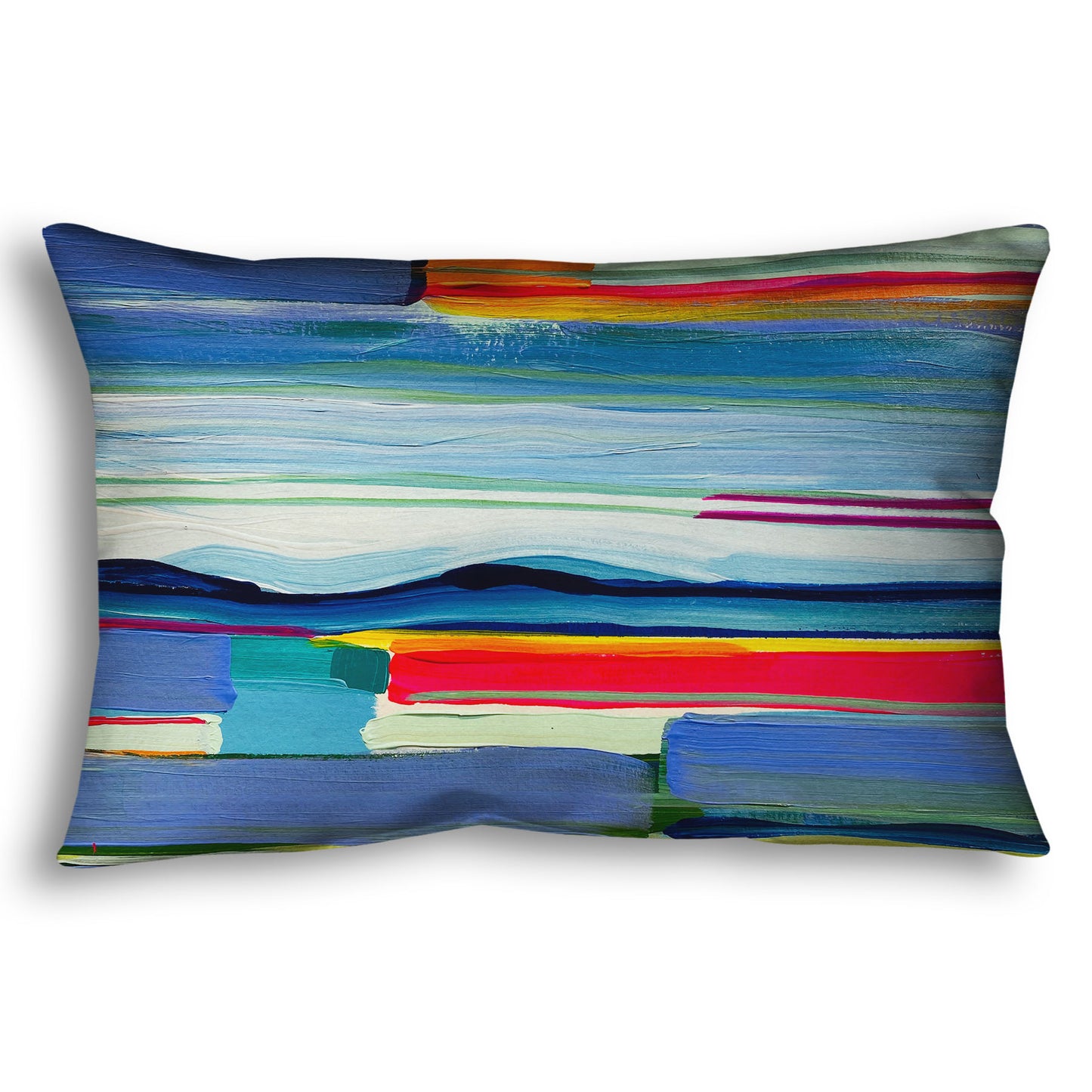 A throw pillow designed with an abstract painting of colorful horizontal lines. The blue and orange are reminiscent of a sun setting over the sea.