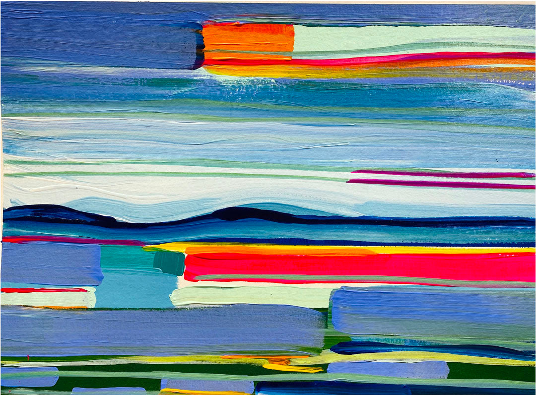 An abstract painting of colorful horizontal lines. The blue and orange are reminiscent of a sun setting over the sea.