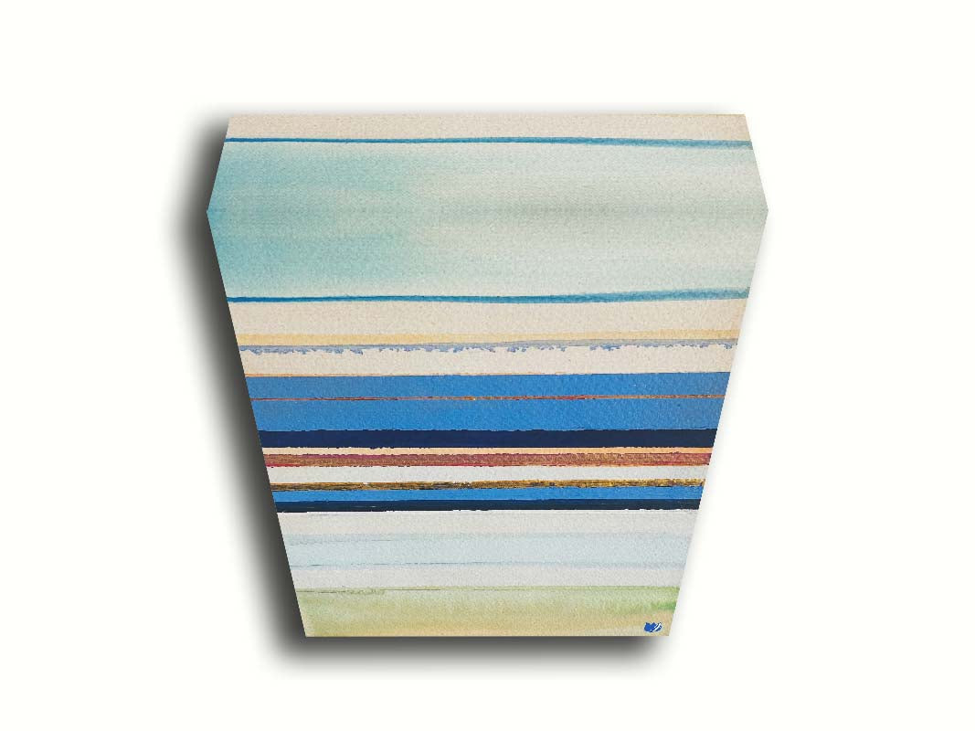 An abstract painting arranging blue, white, yellow, and gold horizontal lines. The arrangement suggests the feeling of a shoreline. Printed on canvas.