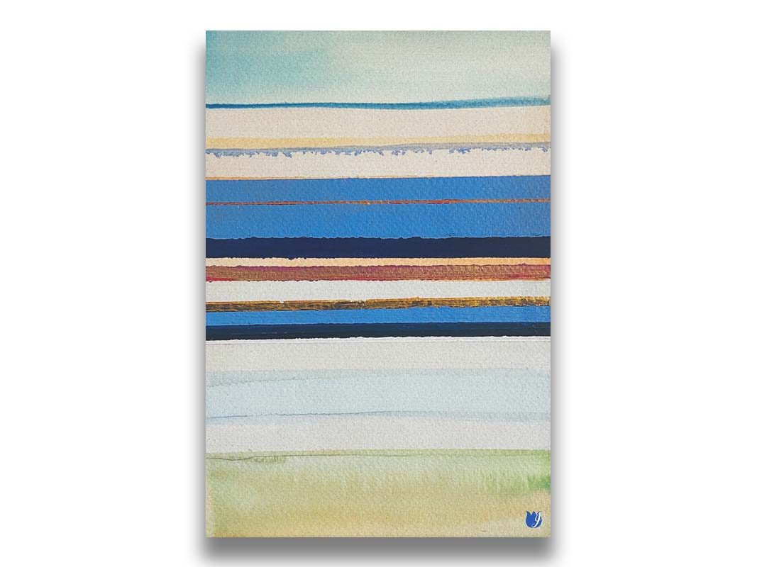 An abstract painting arranging blue, white, yellow, and gold horizontal lines. The arrangement suggests the feeling of a shoreline. Printed on canvas.