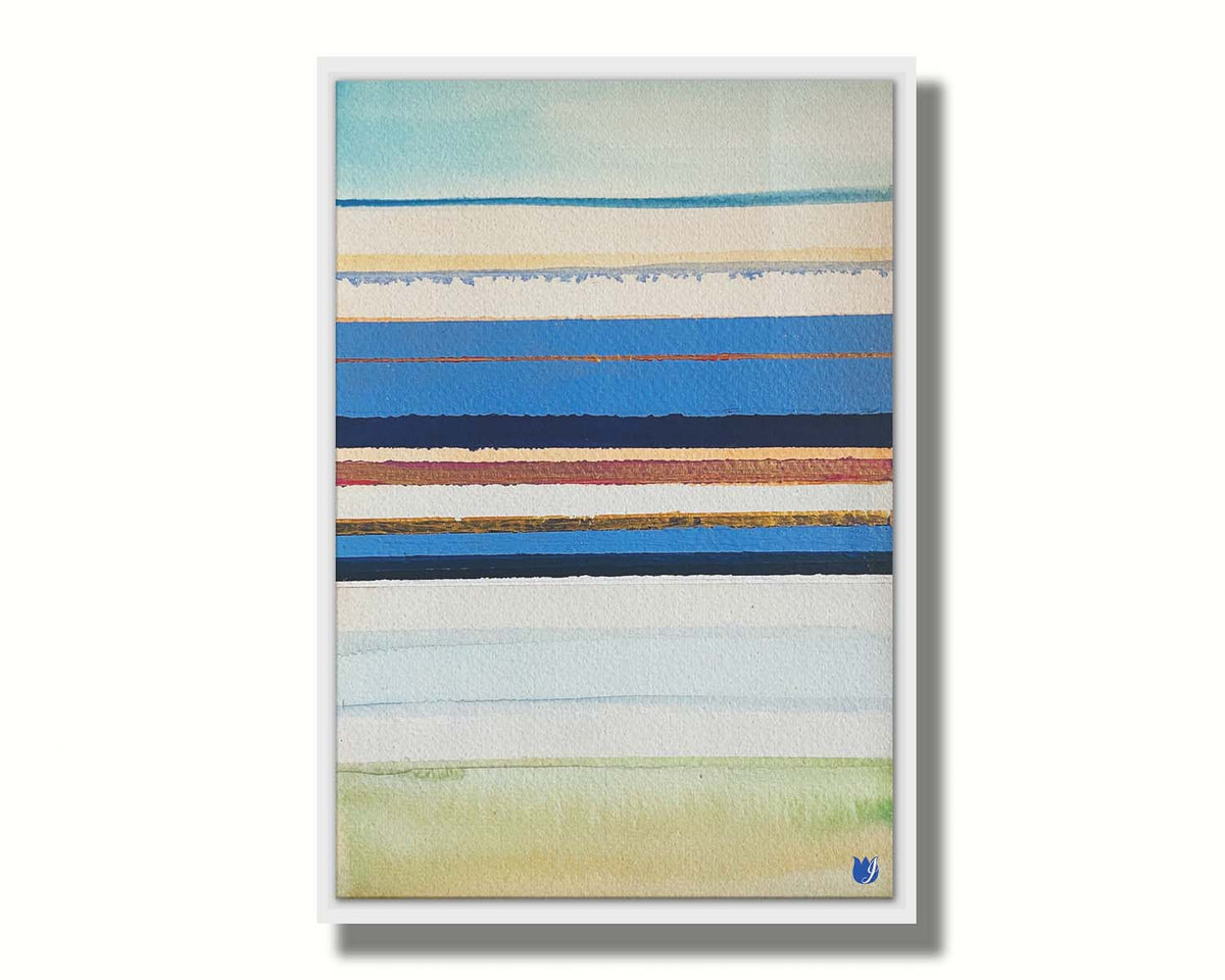 An abstract painting arranging blue, white, yellow, and gold horizontal lines. The arrangement suggests the feeling of a shoreline. Printed on canvas in a float frame.