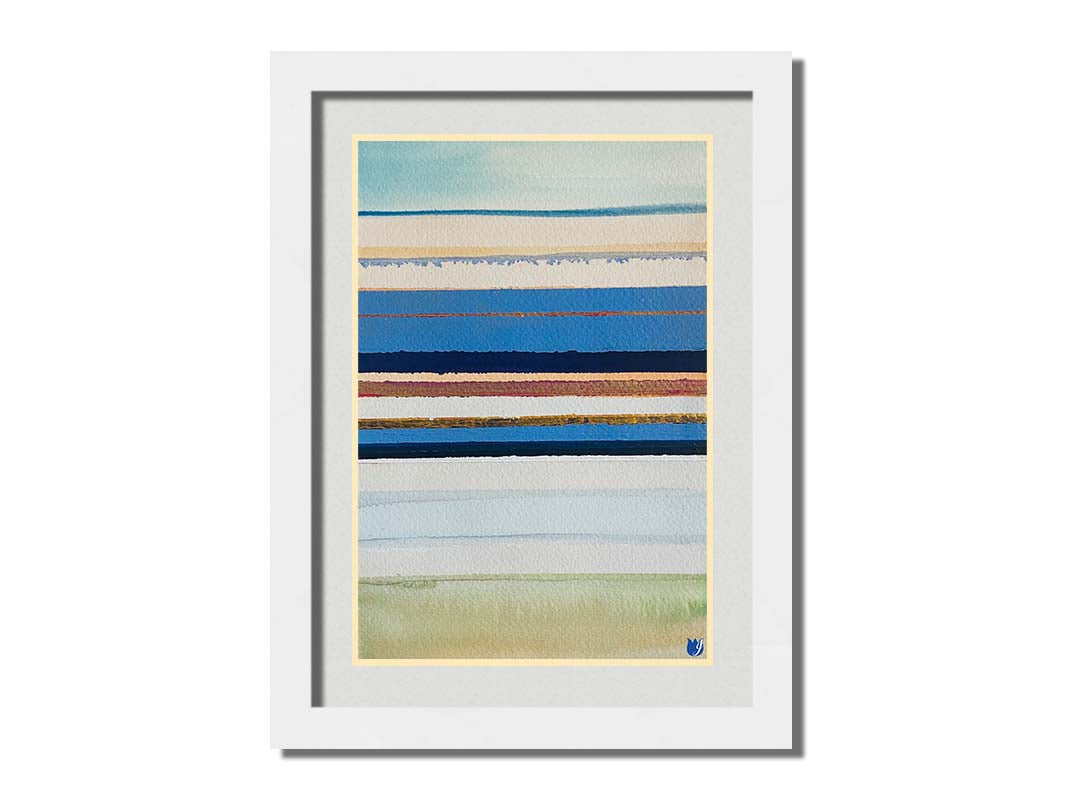 An abstract painting arranging blue, white, yellow, and gold horizontal lines. The arrangement suggests the feeling of a shoreline. Printed on paper, matted, and framed.