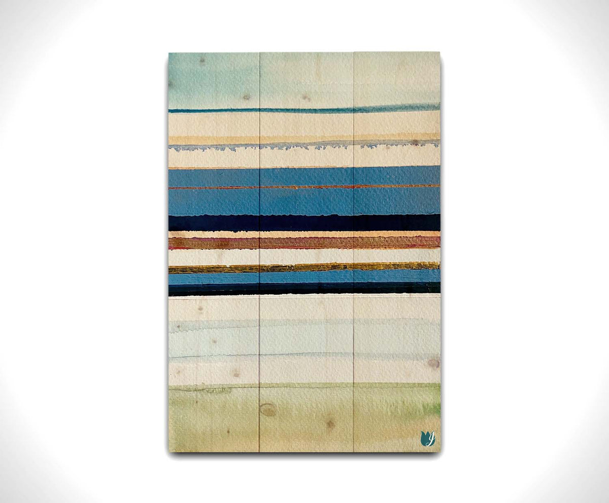 An abstract painting arranging blue, white, yellow, and gold horizontal lines. The arrangement suggests the feeling of a shoreline. Printed on a wood pallet.