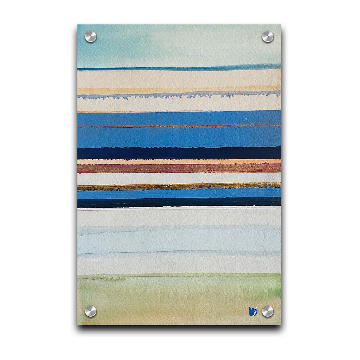 An abstract painting arranging blue, white, yellow, and gold horizontal lines. The arrangement suggests the feeling of a shoreline. Printed on acrylic.