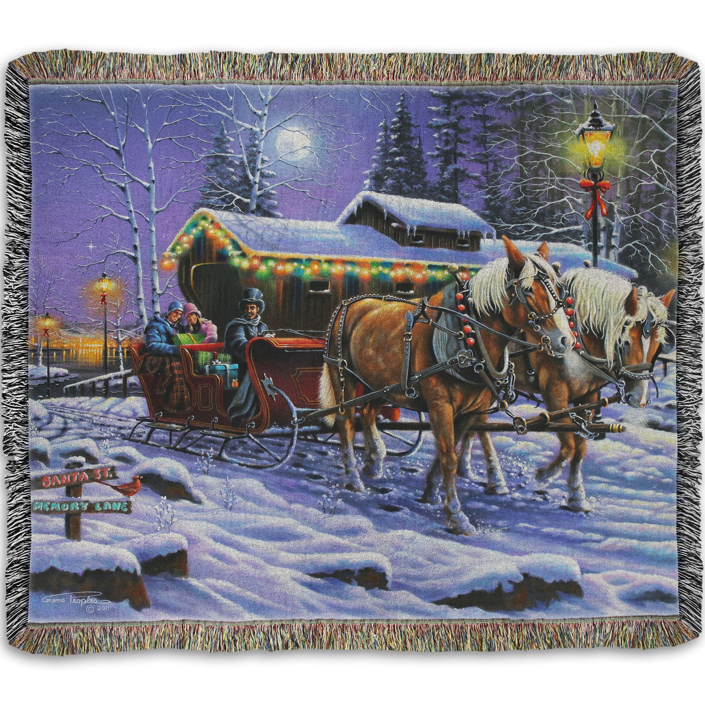 A woven throw blanket printed with a painting of people on a horse-drawn sleigh ride around a lake during Christmas.