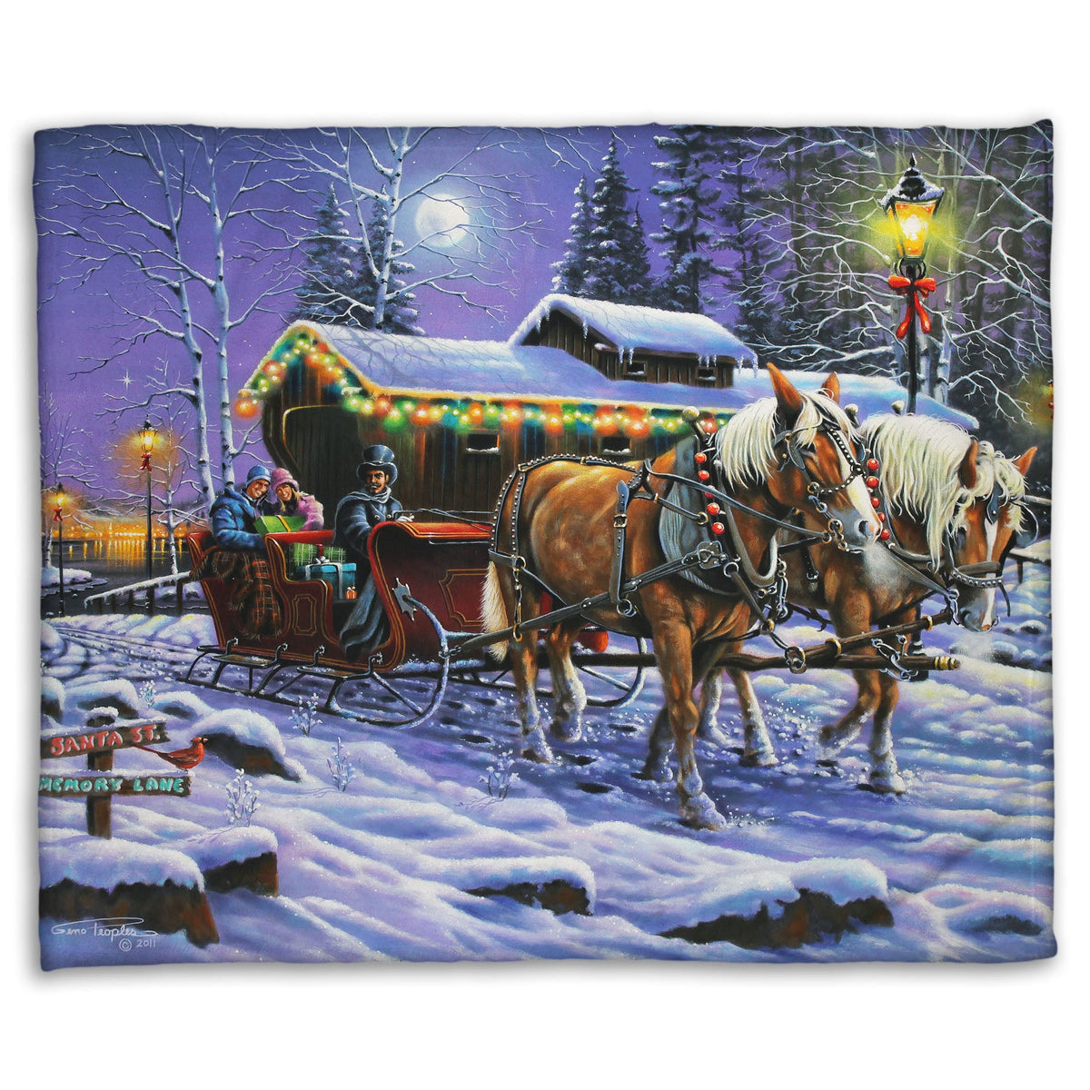 A coral fleece blanket printed with a painting of people on a horse-drawn sleigh ride around a lake during Christmas.
