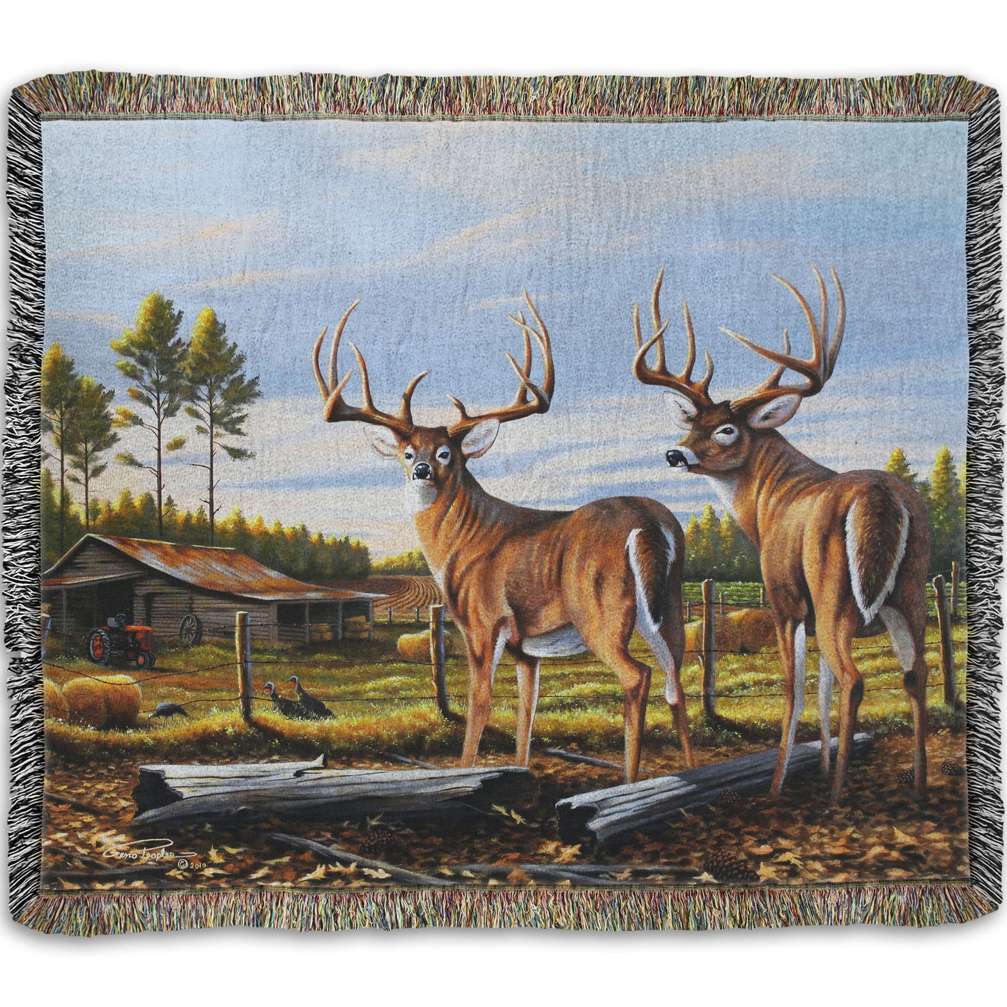 A woven throw blanket designed with a painting of a farm landscape, featuring two deer in the foreground. Fields, buildings, hay bales, and farming equipment can be seen beyond the fence, and fallen leaves cover the ground.