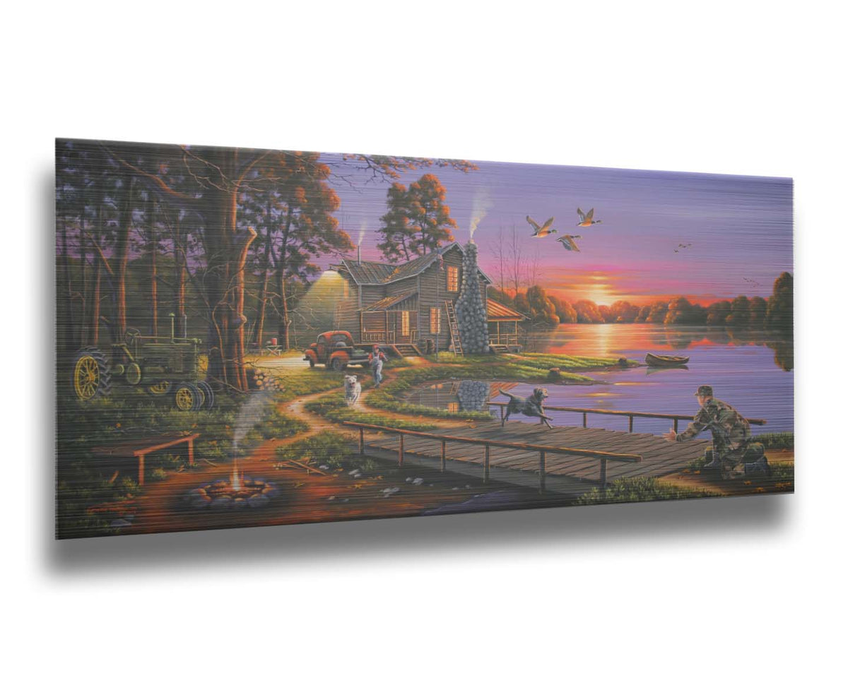 A painting of a soldier returning home to his house on the lake, being greeted by his family and dogs. Geese fly overhead into the sunset. Printed on metal.