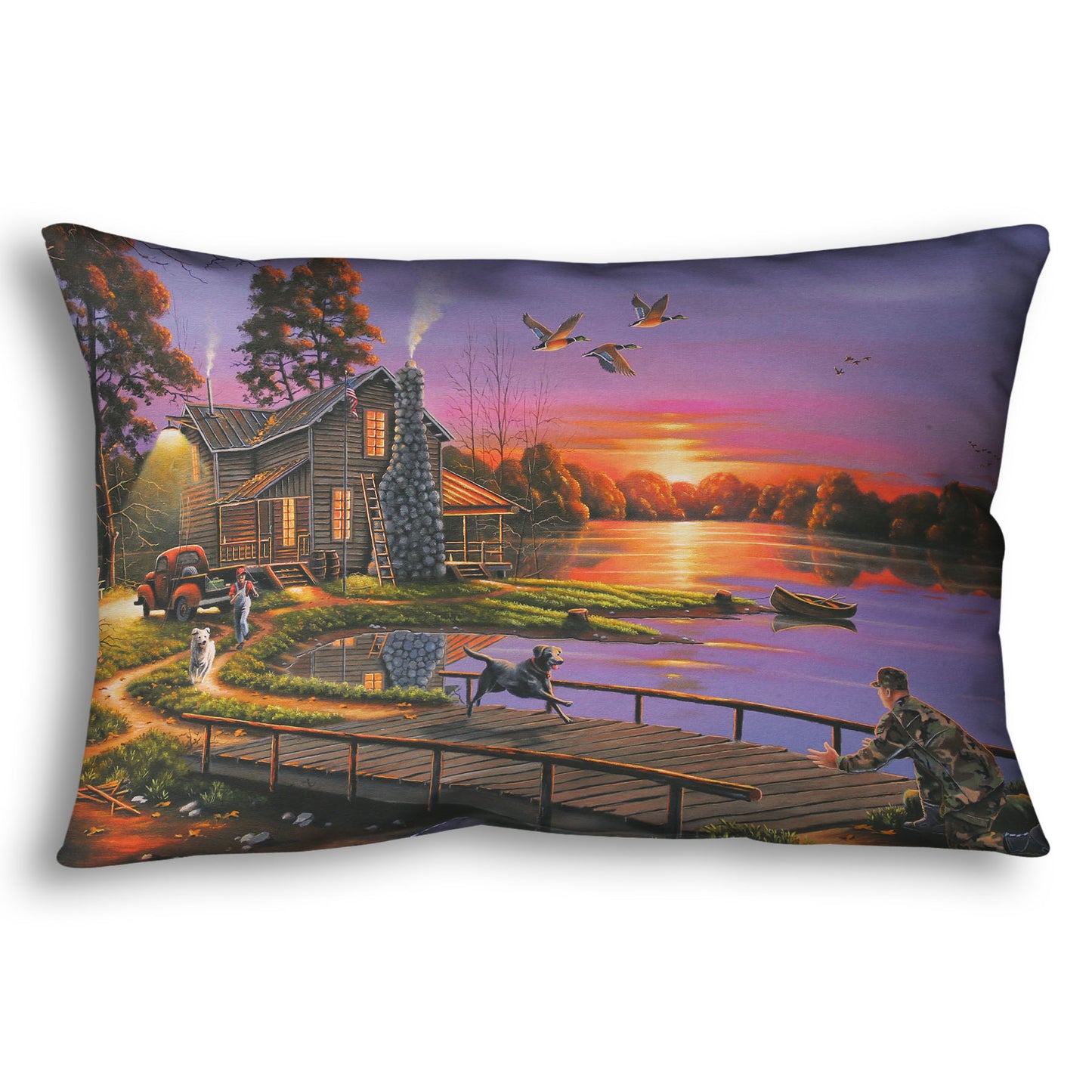A throw pillow designed with a painting of a soldier returning home to his house on the lake, being greeted by his family and dogs. Geese fly overhead into the sunset.