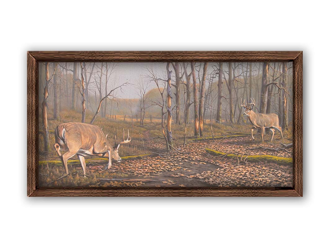 A painting of two deer approaching each other in the woods. The two bucks are about to fight, as is evident by their body language. Printed on canvas and framed.