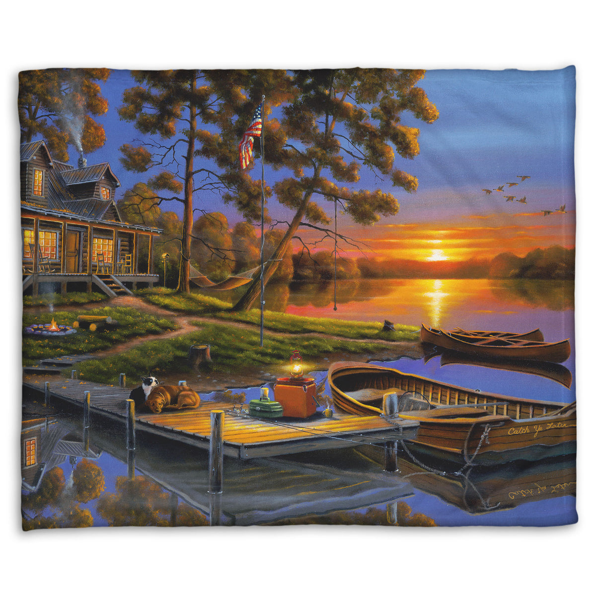 A fleece blanket designed with a painting of an American lakeside cabin at sunset, with boats on the water and geese overhead.
