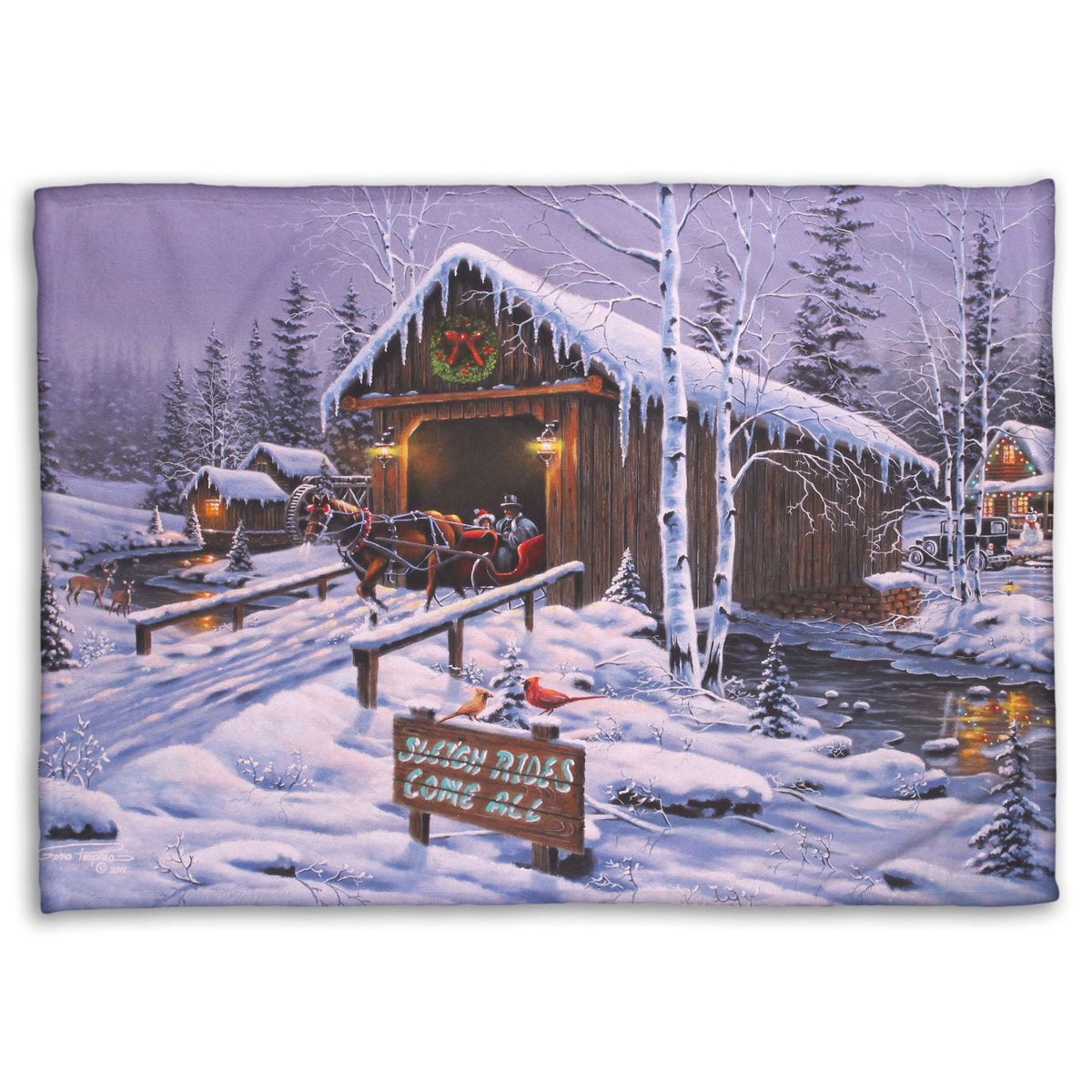 A coral fleece blanket designed with a painting of people going for a ride in a horse-drawn sleigh on a snowy night.
