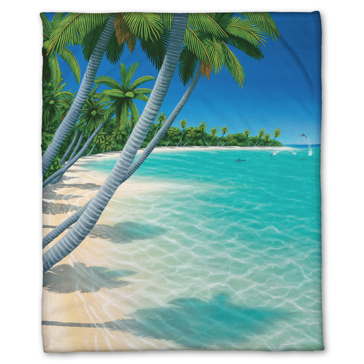 A coral fleece blanket designed with a vibrant painting of a landscape beach scene, with leaning palm trees and clear waters. Leaping dolphins swim in the distance, approaching the shore.