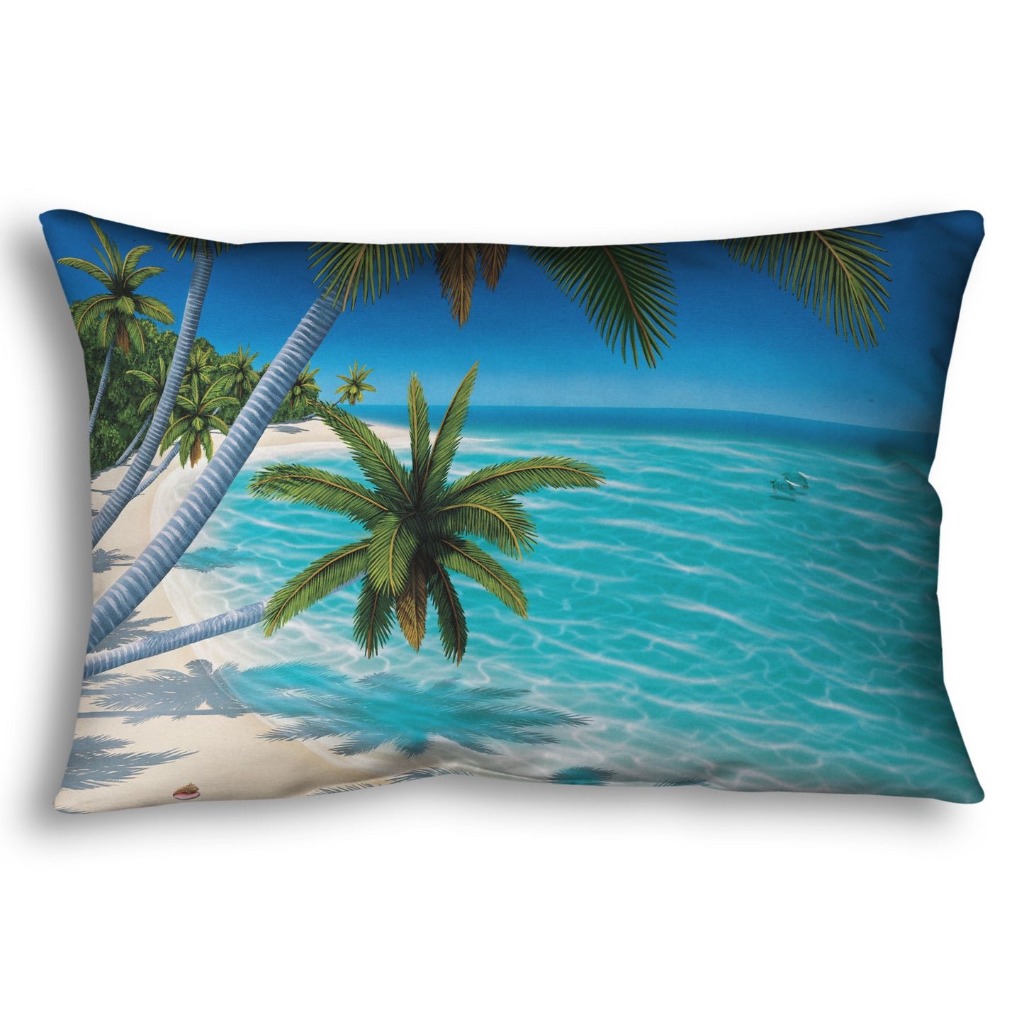 A throw pillow designed with a painting of a white sand beach with growing palm trees and conch shells. Sea turtles swim through the clear blue waters.