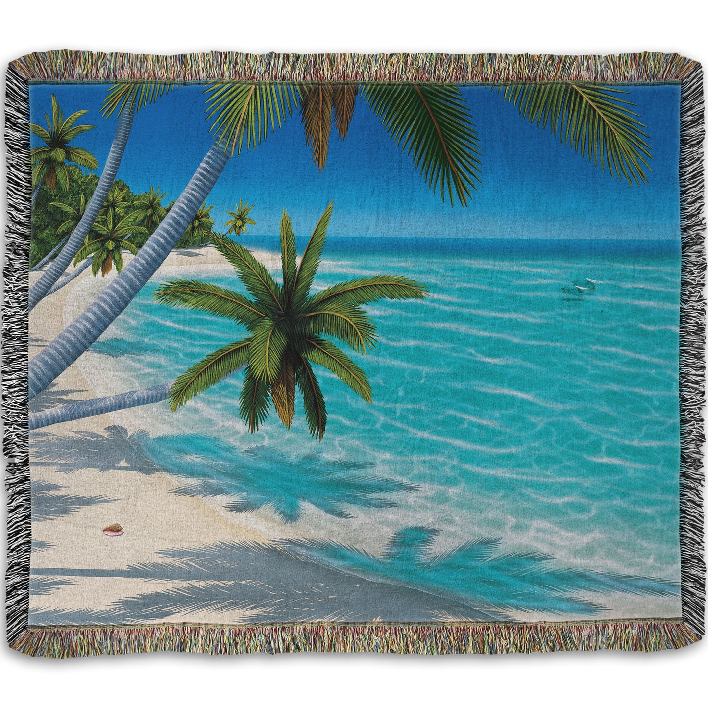 A woven throw blanket designed with a painting of a white sand beach with growing palm trees and conch shells. Sea turtles swim through the clear blue waters.