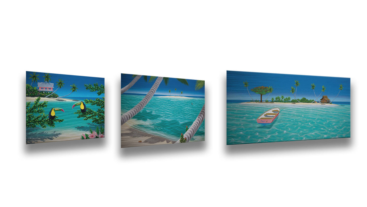 A collection of landscape paintings depicting seaside scenes, looking out over clear waters on perfectly sunny days. Tropical plants and wildlife add to the scenes. Printed on metal.
