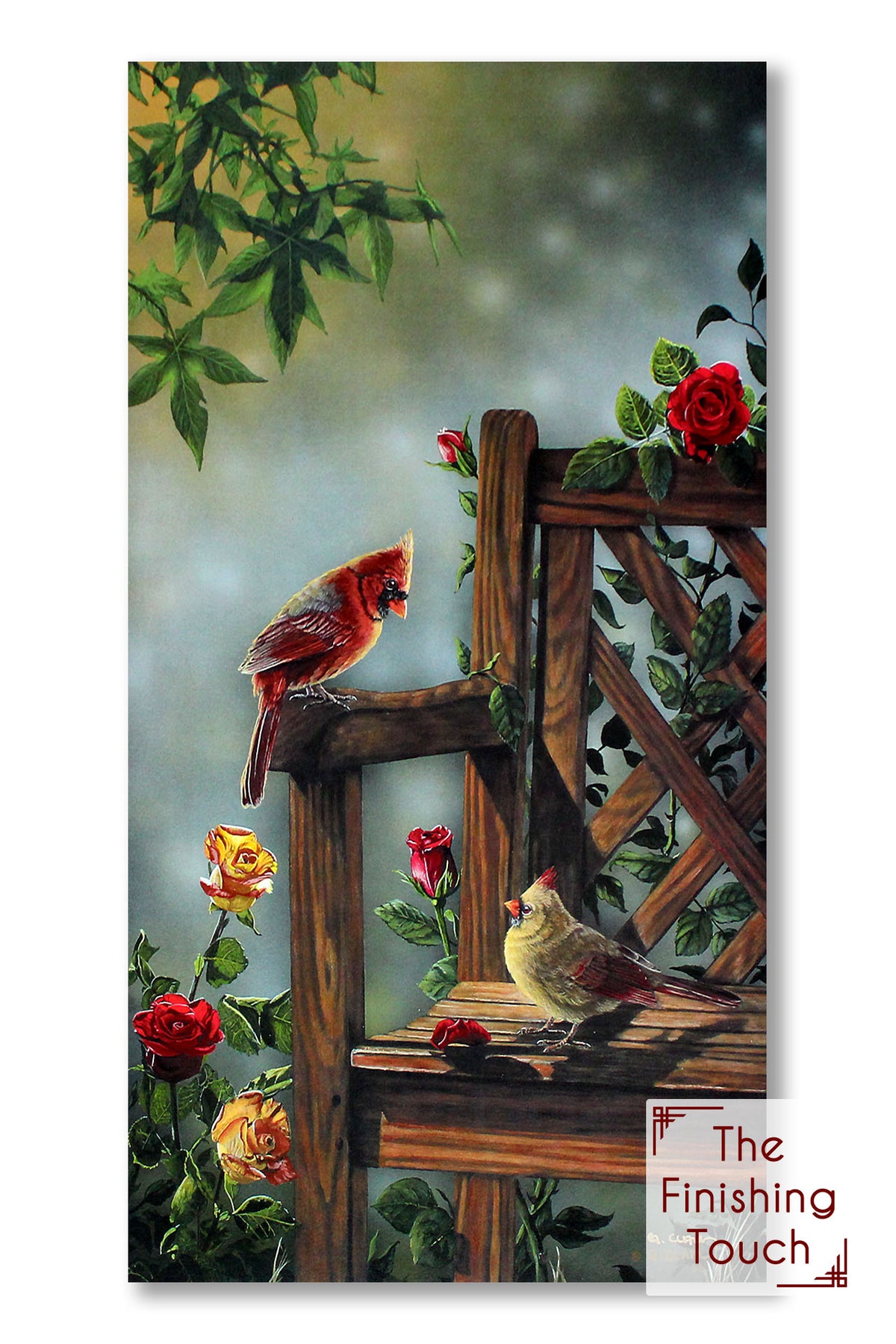 A painting of two cardinals on a bench, surrounded by vibrant rose bushes. One is higher up on the arm rest, and they are looking at each other.