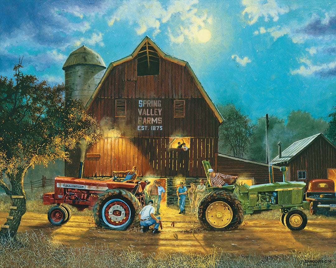 A painting of a scene of farmers engaged in a tractor tug of war, while a lively crowd cheers them on under the bright night sky at the barn.