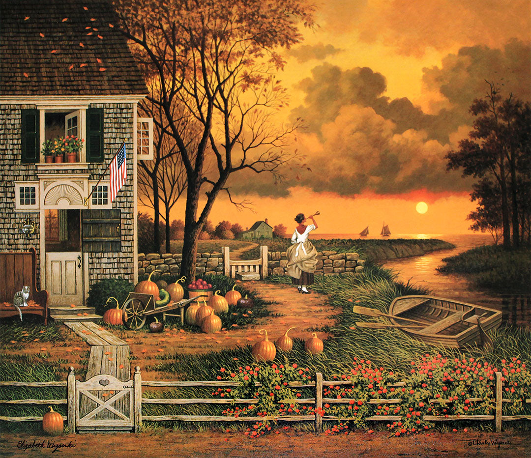 A landscape painting of a 19th-century person standing outside their coastal home at sunset, blowing a dinner horn to signal supper time to the ships.