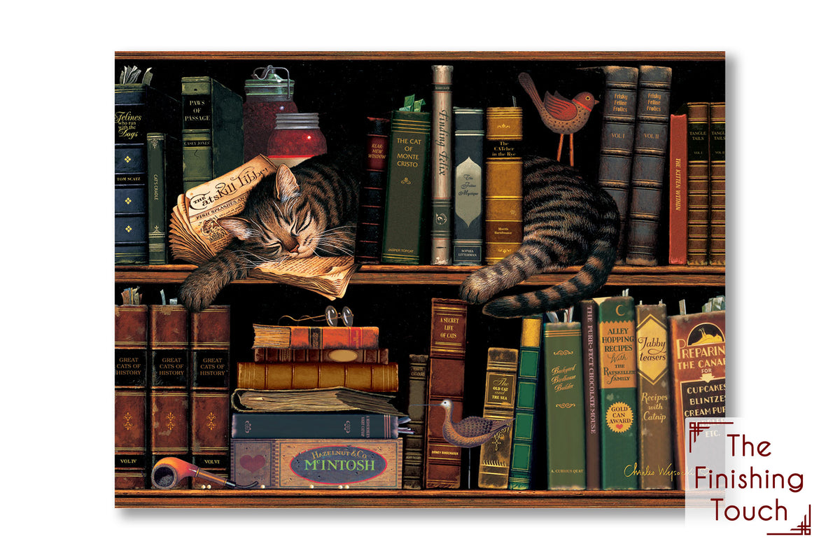 A whimsical painting of a cat sleeping on a bookshelf, nestled between the titles and knick-knacks.