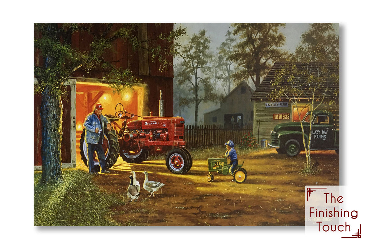 A painting of a farm landscape scene. An elderly farmer leans against his tractor's tire and talks to a child outside the barn on the family farm. The child is riding a toy tractor, aspiring to be like the farmer.