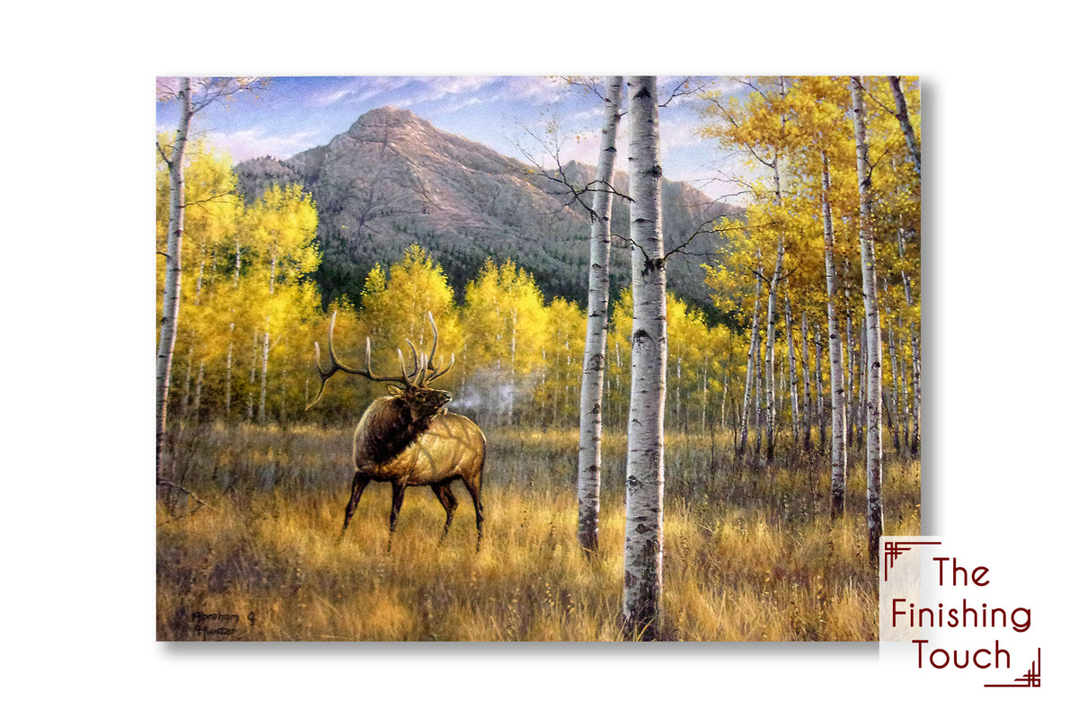 A painting of an elk calling in an aspen forest at the foot of a mountain.