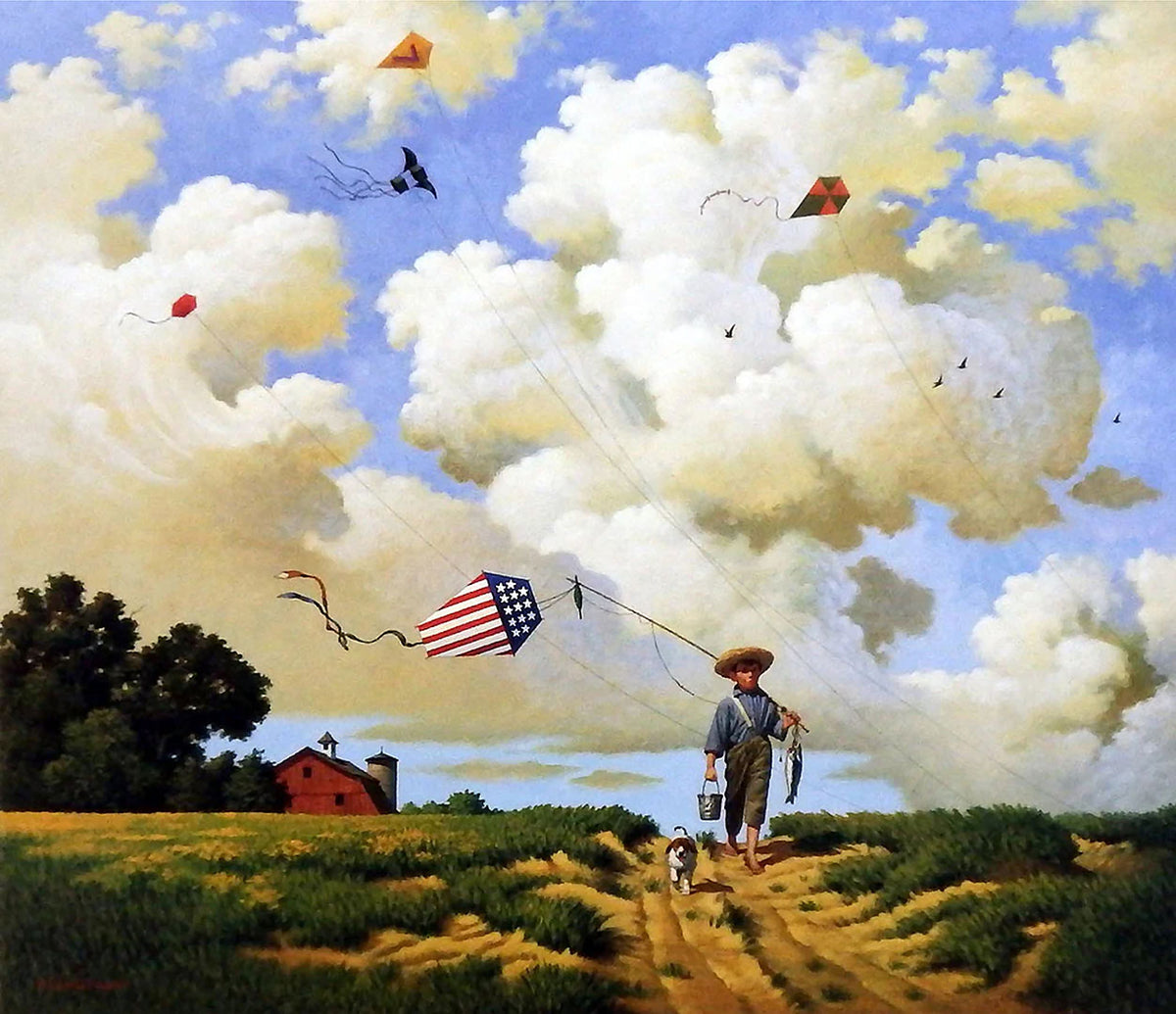 A painting of a child walking alongside a dog. There are kites in the sky, and the child is carrying a kite, fishing pole, and fish.