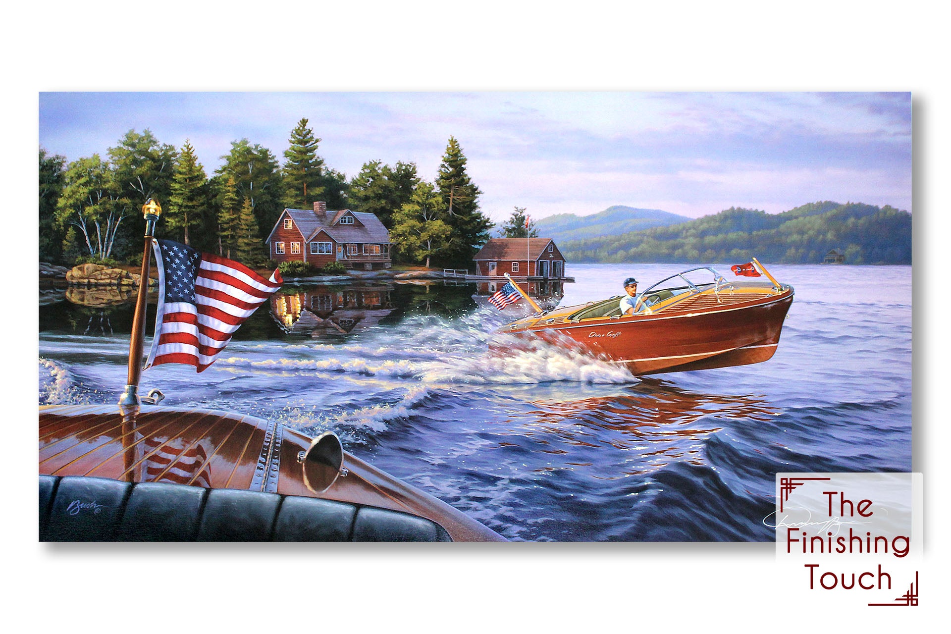 A landscape painting from the perspective of a person riding a boat on a lake. A classic, historic Chris-Craft brand boat passes by.