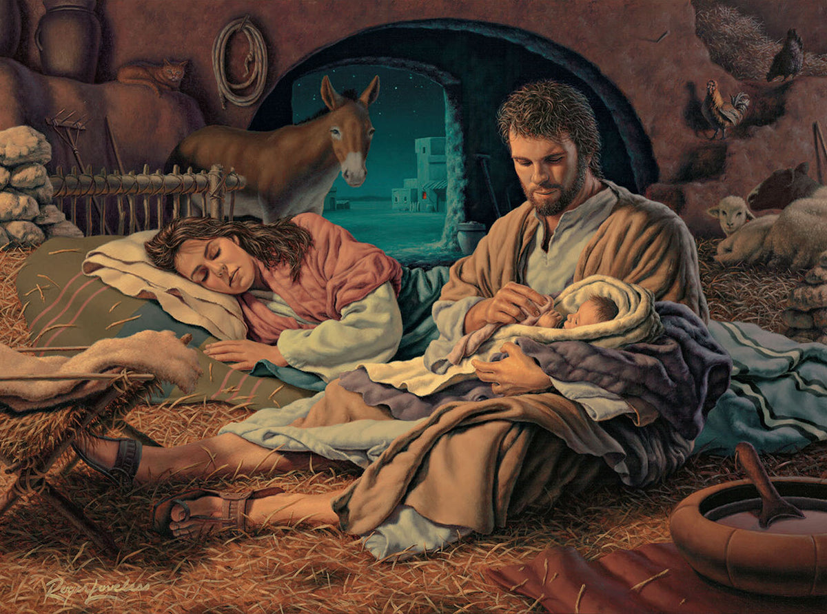 A religious painting depicting Joseph holding baby Jesus while Mary rests, all quietly watched by the farm animals.