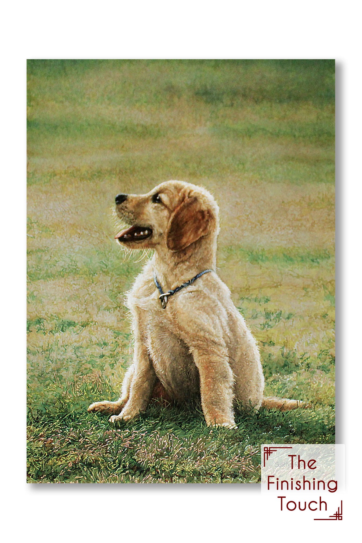 A pet portrait painting of a retriever puppy sitting on a grassy lawn.