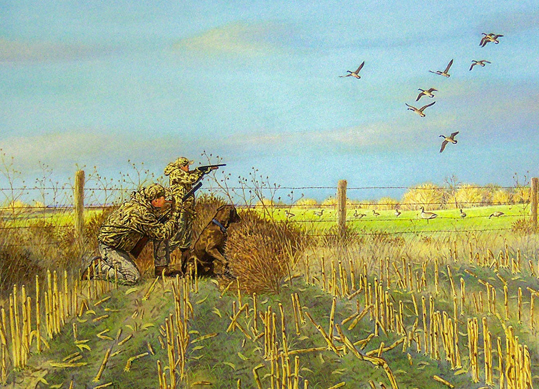 A painting of two hunters and their dog in a stubble field, taking aim at Canada geese flying over decoys.