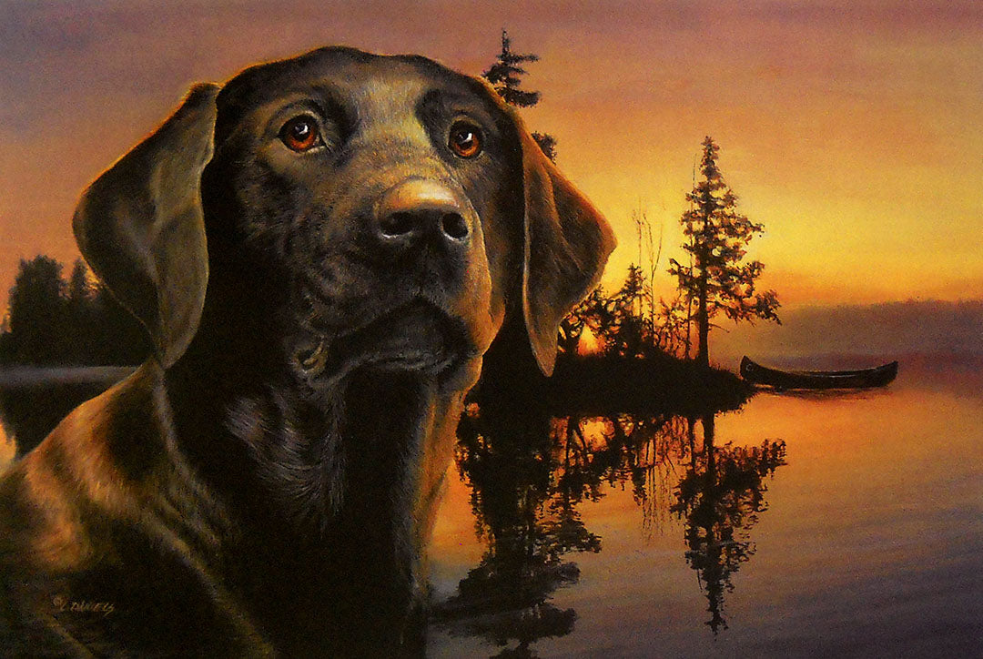 A painted portrait of a dark brown Labrador retriever in the foreground, with a lakeside sunset scene and trees behind it.